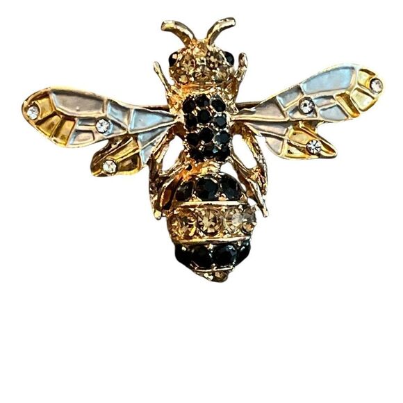 Gold and Black Bee Brooch Enameled Wings - Picture 2 of 3